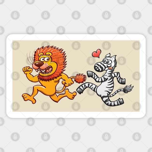 Bold zebra in love running after scared lion Magnet by zooco